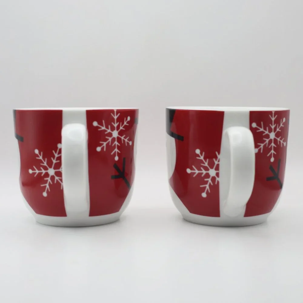 Crate and Barrel Snowman Black Top Hat Red White Mugs Set of 2 12 Ounce